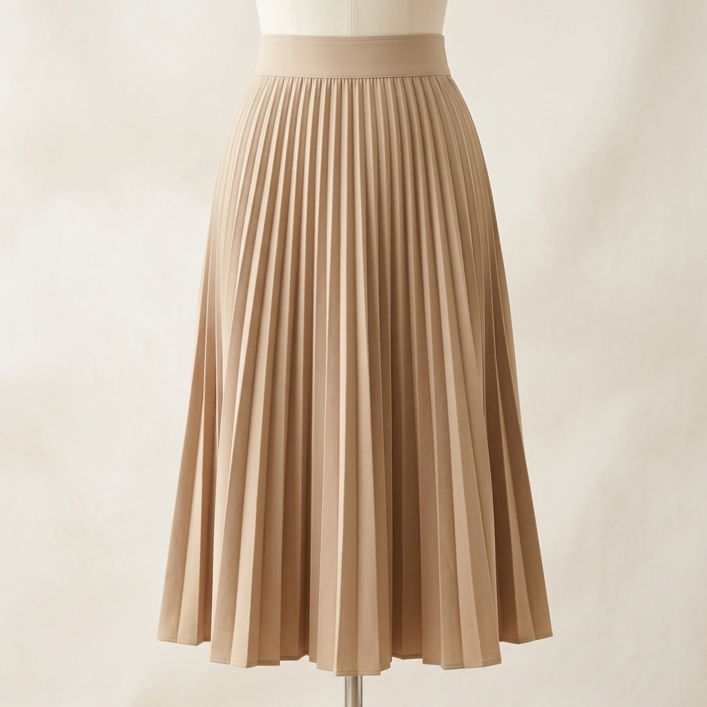 AI-generated illustrative image of a women's beige pleated midi skirt