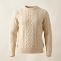 AI-generated illustrative image of a men's cream cable-knit crewneck sweater