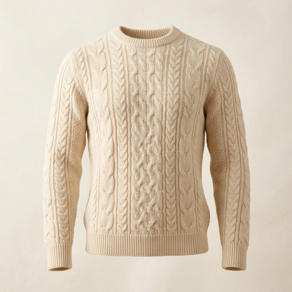 AI-generated illustrative image of a men's cream cable-knit crewneck sweater