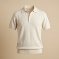 Illustrative image of an ivory men's short sleeve knit polo shirt