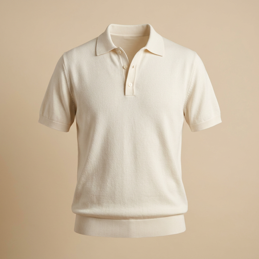 Illustrative image of an ivory men's short sleeve knit polo shirt