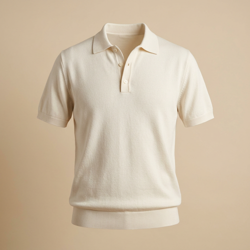 Illustrative image of an ivory men's short sleeve knit polo shirt