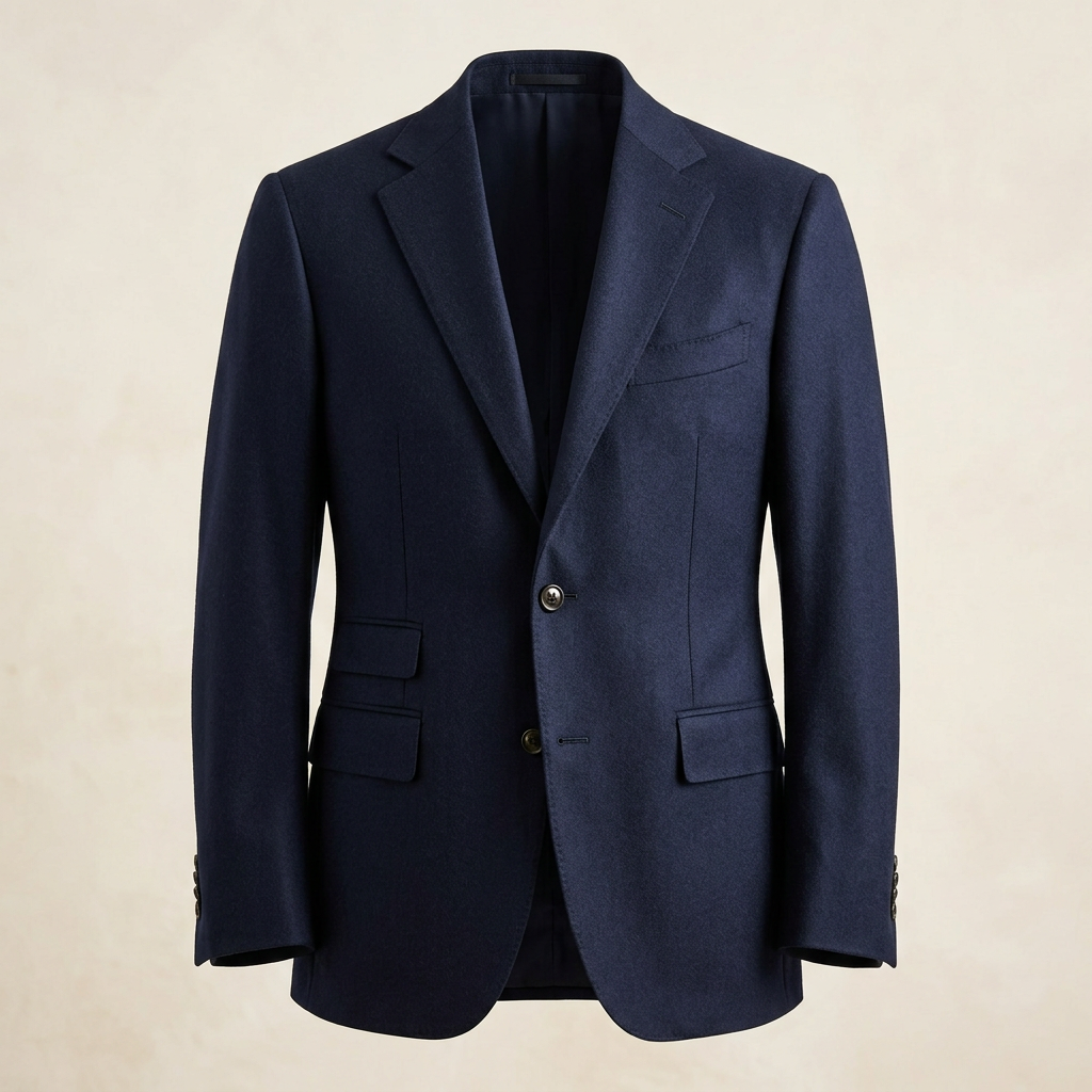 AI-generated illustrative image of a men's navy two-button blazer